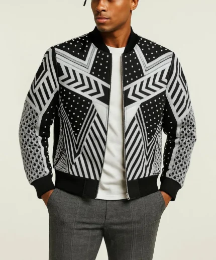 Men’s Black and White Geometric Studded Leather Jacket with Mesh Panels