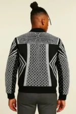 Men’s Black and White Geometric Studded Leather Jacket with Mesh Panels - Image 2