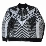 Men’s Black and White Geometric Studded Leather Jacket with Mesh Panels - Image 3