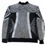 Men’s Black and White Geometric Studded Leather Jacket with Mesh Panels