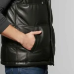 Men's Hooded Black Sheepskin Leather Puffer Vest - Image 4