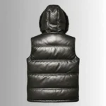 Men's Hooded Black Sheepskin Leather Puffer Vest - Image 2