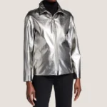 Women Silver Metallic Leather Jacket  Shiny Sheepskin Outerwear - Image 2