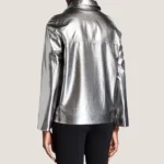 Women Silver Metallic Leather Jacket Shiny Sheepskin Outerwear
