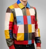 Patchwork Leather Jacket for Men, Luxury Jacket Multicolor Biker Retro Style
