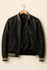 Unisex Black Leather Varsity Jacket Classic Bomber with Striped Trim - Image 2