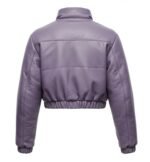 Women’s Cropped Lavender Genuine Leather Puffer Jacket with High Neck & Elastic Hem
