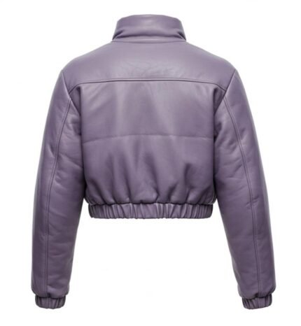 Women’s Cropped Lavender Genuine Leather Puffer Jacket with High Neck & Elastic Hem