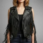 Women's Leather Fringe Vest Genuine Sleeveless Western Biker Fringe Vest