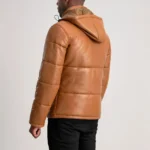 Men's Tan Leather Puffer Jacket with Detachable Hood