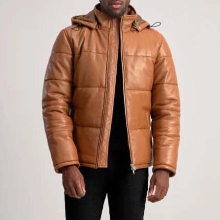 Men's Tan Leather Puffer Jacket with Detachable Hood