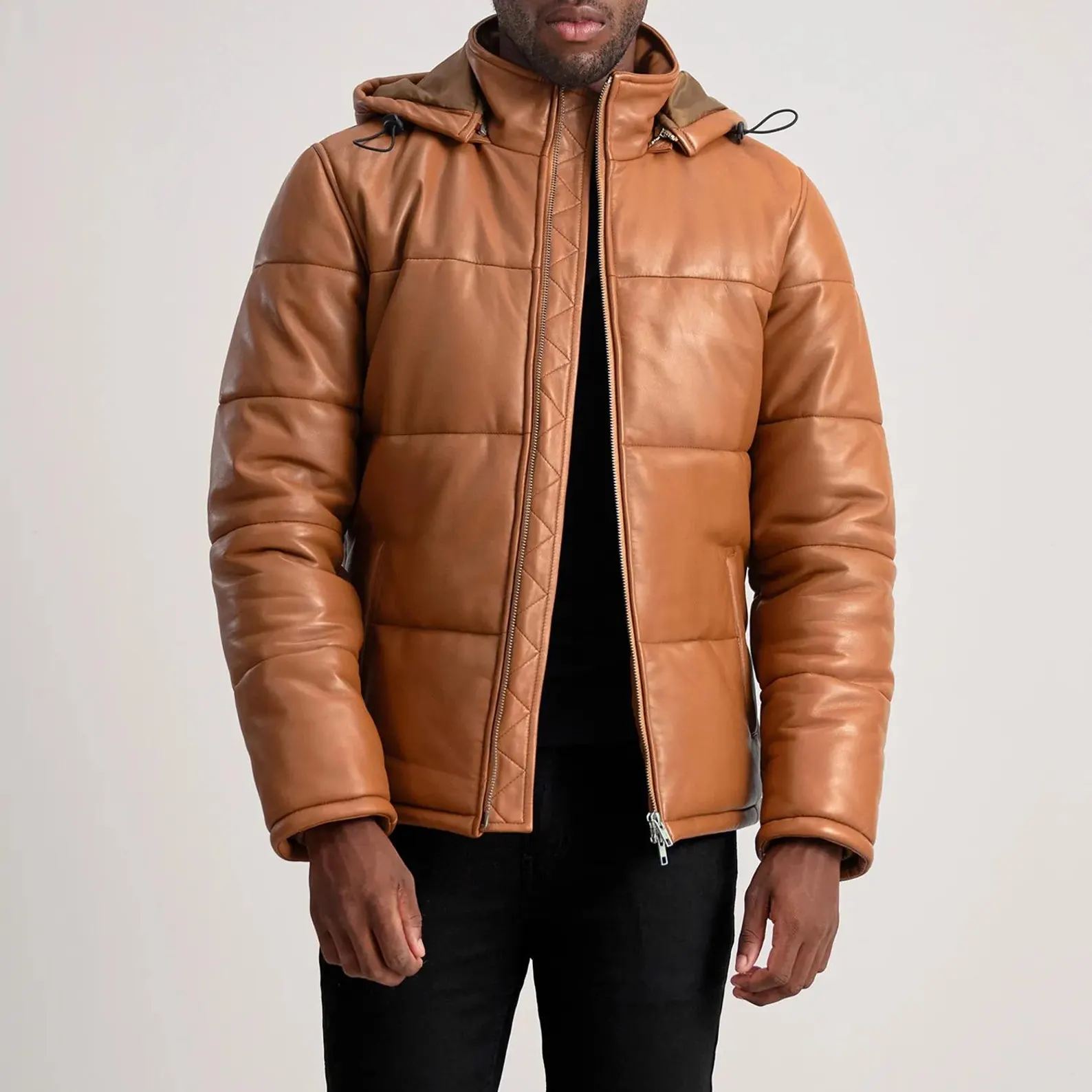 Men's Tan Leather Puffer Jacket with Detachable Hood Men's Tan Leather Puffer Jacket with Detachable Hood