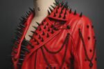 Red Spiked PU Leather Jacket for Women Punk Rock Rivet Chain Studded Jacket - Image 3