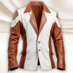 Men's Brown White Sheepskin Buttoned Leather Blazer