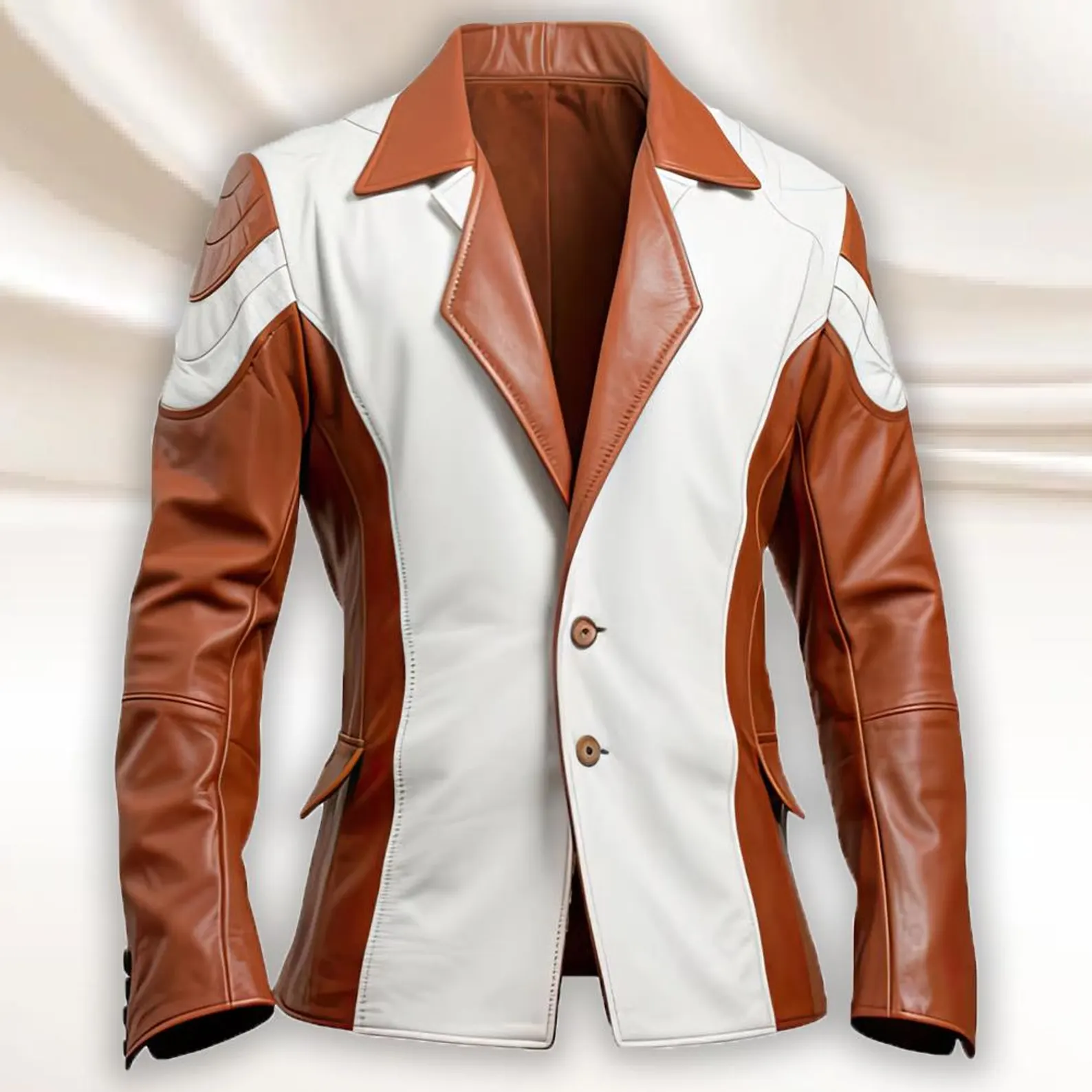 Men's Brown White Sheepskin Buttoned Leather Blazer Men's Brown White Sheepskin Buttoned Leather Blazer
