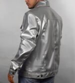 Men's Metallic Silver Faux Leather Trucker Jacket  Moto Biker Style - Image 5
