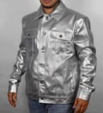 Men's Metallic Silver Faux Leather Trucker Jacket  Moto Biker Style - Image 4