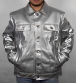 Men's Metallic Silver Faux Leather Trucker Jacket  Moto Biker Style - Image 2