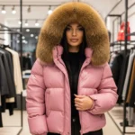 Leather Winter Coat with Fur Trimmed Hood Luxury Designer Outerwear