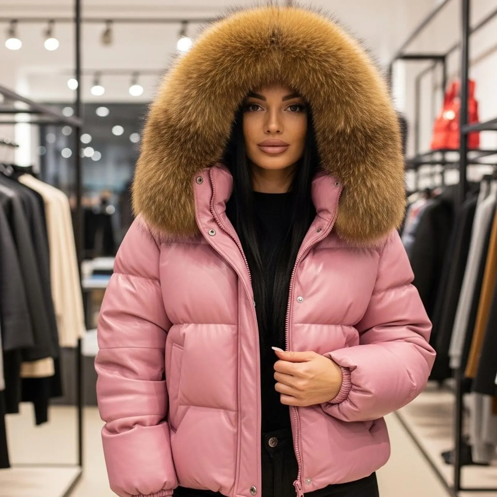 Leather Winter Coat with Fur Trimmed Hood Luxury Designer Outerwear Leather Winter Coat with Fur Trimmed Hood Luxury Designer Outerwear