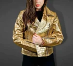 Metallic Gold High Quality Crocodile Leather Texture Biker Jacket