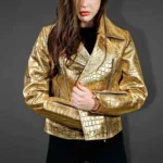 Metallic Gold High Quality Crocodile Leather Texture Biker Jacket