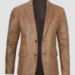 Men’s Camel Brown Leather Blazer Handmade Genuine Lambskin Sheepskin Two Button Jacket