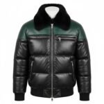 Men's Black Real Leather Puffer Jacket Green Two Tone Bomber Faux Fur Collar