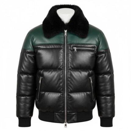 Men's Black Real Leather Puffer Jacket Green Two Tone Bomber Faux Fur Collar