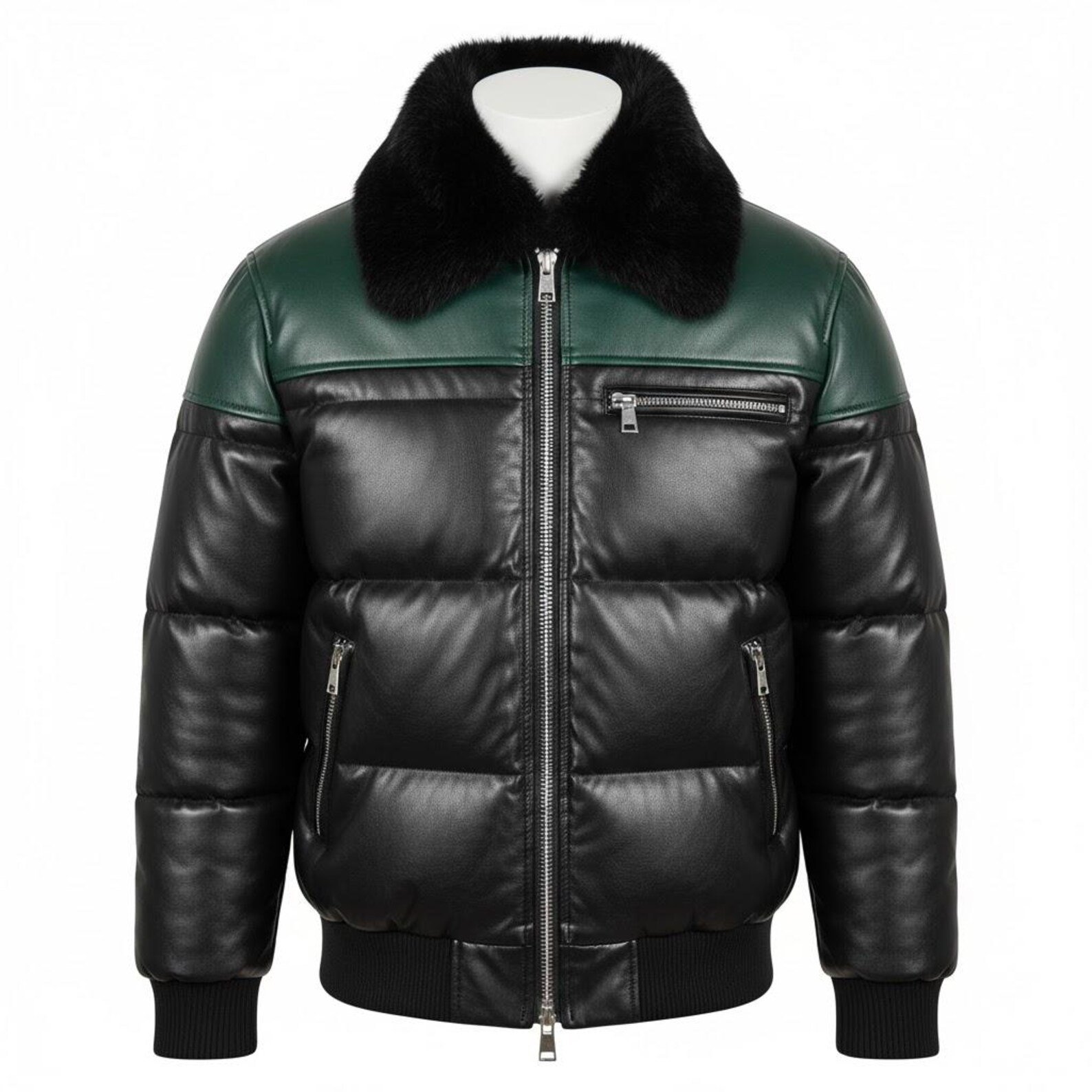 Men's Black Real Leather Puffer Jacket Green Two Tone Bomber Faux Fur Collar Men's Black Real Leather Puffer Jacket Green Two Tone Bomber Faux Fur Collar