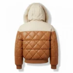 Handmade Real Leather Two Tone Tan Leather Puffer Jacket with Faux Fur Hood