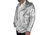 Italian Leather Silver Biker Jacket Men's Motorcycle Jacket - Image 2