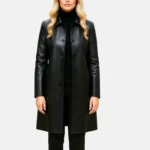 Women Handmade Black Leather Overcoat Minimalist Longline Button Up