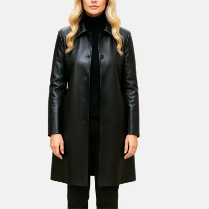 Women Handmade Black Leather Overcoat Minimalist Longline Button Up