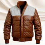 Men's Brown Puffer Leather Bomber Jacket Genuine Sheepskin White Leather Bubble Coat