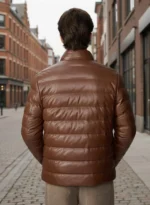 Handmade Distressed Brown Leather Puffer Jacket Men's Warm Style