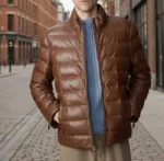 Handmade Distressed Brown Leather Puffer Jacket Men's Warm Style