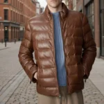 Handmade Distressed Brown Leather Puffer Jacket Men's Warm Style