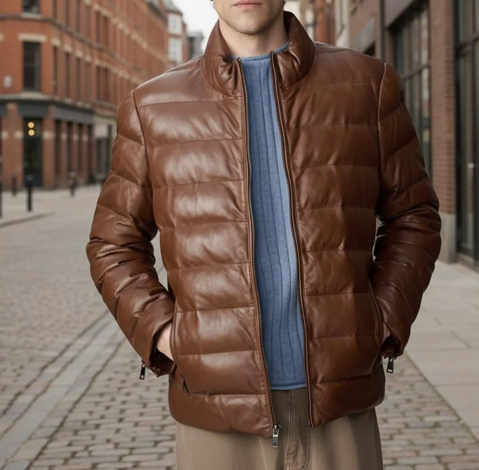 Handmade Distressed Brown Leather Puffer Jacket Men's Warm Style Handmade Distressed Brown Leather Puffer Jacket Men's Warm Style