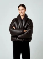 Oversized Brown Leather Puffer Jacket  High Collar Cropped Bomber - Image 2