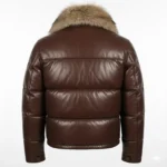 Men's Brown Lambskin Leather Bubble Puffer Jacket Faux Fur Collar Bomber Winter Coat