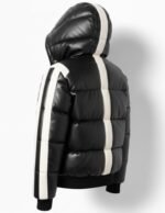 Black and White Leather Puffer Jacket with Hood Retro Sporty Winter Coat
