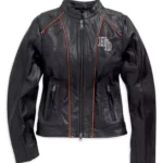 Harley Davidson Women Black Leather Jacket Winged Logo Embroidery Orange Piping
