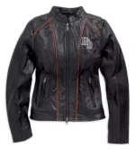 Harley Davidson Women Black Leather Jacket Winged Logo Embroidery Orange Piping
