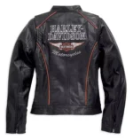 Harley Davidson Women Black Leather Jacket Winged Logo Embroidery Orange Piping