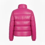 Women's Hot Pink Faux Leather Quilted Puffer Jacket Cropped Winter Zip Up Coat