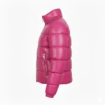 Women's Hot Pink Faux Leather Quilted Puffer Jacket Cropped Winter Zip Up Coat - Image 2