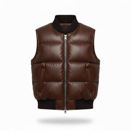 Men's Brown Lambskin Leather Puffer Vest Quilted Sleeveless Winter Gilet