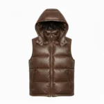 Men's Brown Hooded Lambskin Leather Puffer Vest Quilted Sleeveless Winter Gilet