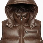Men's Brown Hooded Lambskin Leather Puffer Vest Quilted Sleeveless Winter Gilet - Image 2